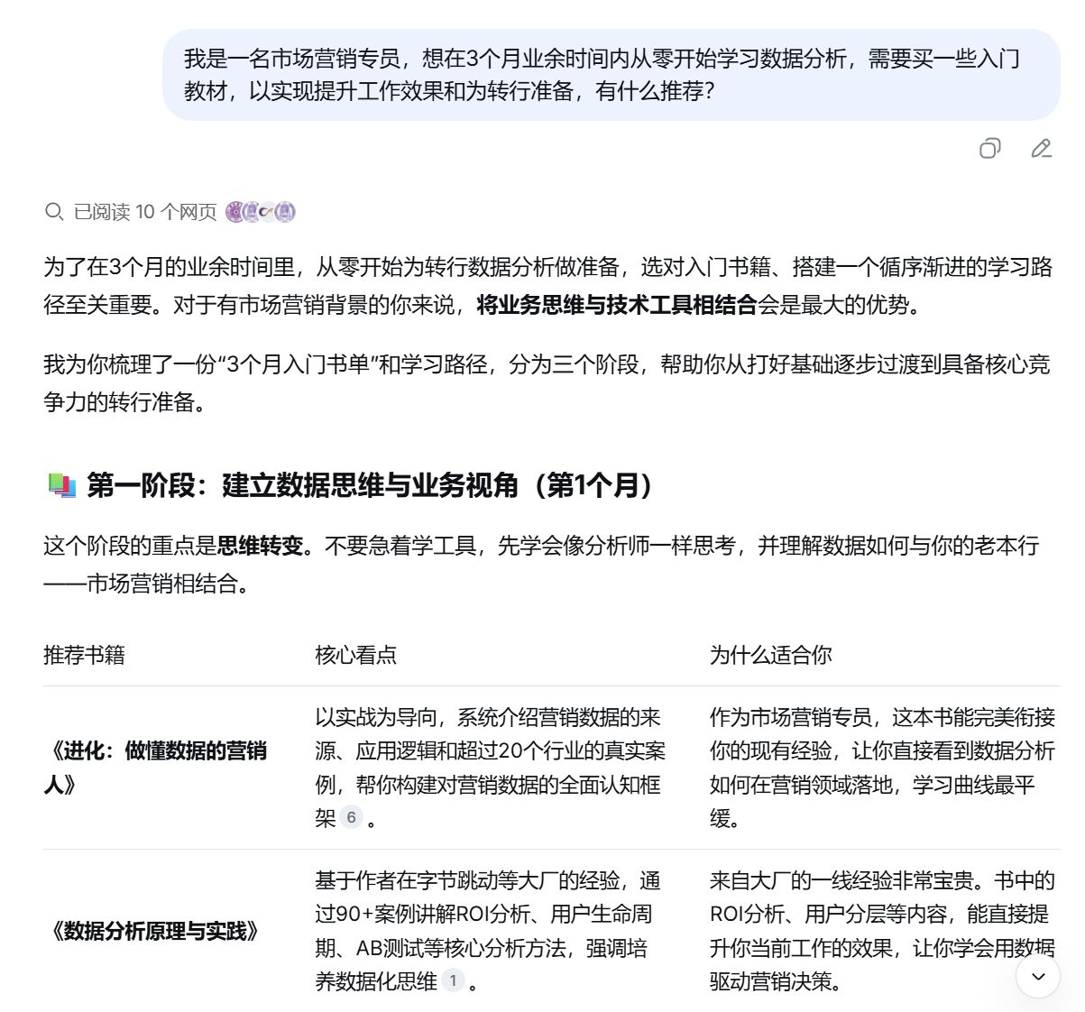 Deepssek’s AI response - I’m a marketing specialist who wants to learn data analysis from scratch within three months of spare time. I’m looking for beginner-level learning materials to improve my work performance and prepare for a potential career transition. Any recommendations?